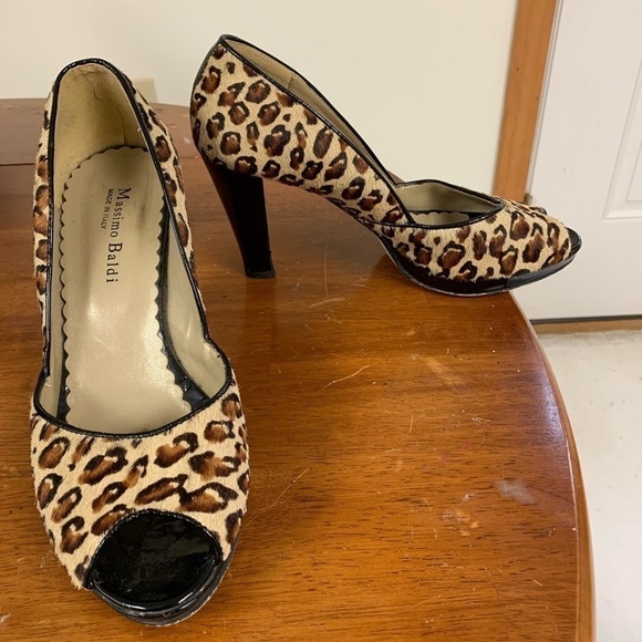 Massimo Baldi peep toe heel pumps patent leather animal print mohair upper 7.5 - Picture 2 of 9
